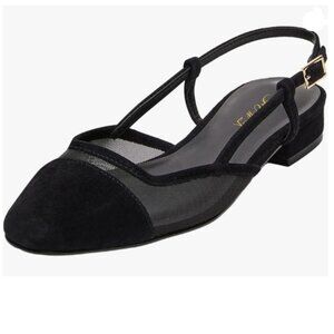 FOWT Black Mesh Round Toe Slip on Slingbacks Pump Comfy Chunky Low Heels Shoes